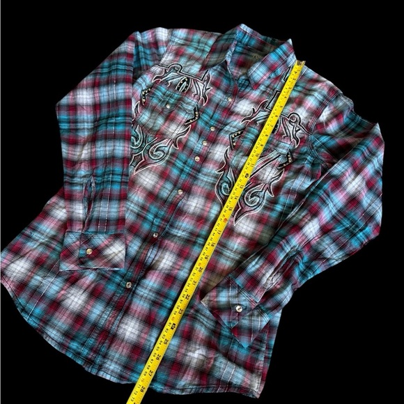Wrangler Rock 47 Shirt Women Med Blue Red Plaid Metallic Western Rhinestone Snap - Picture 2 of 8